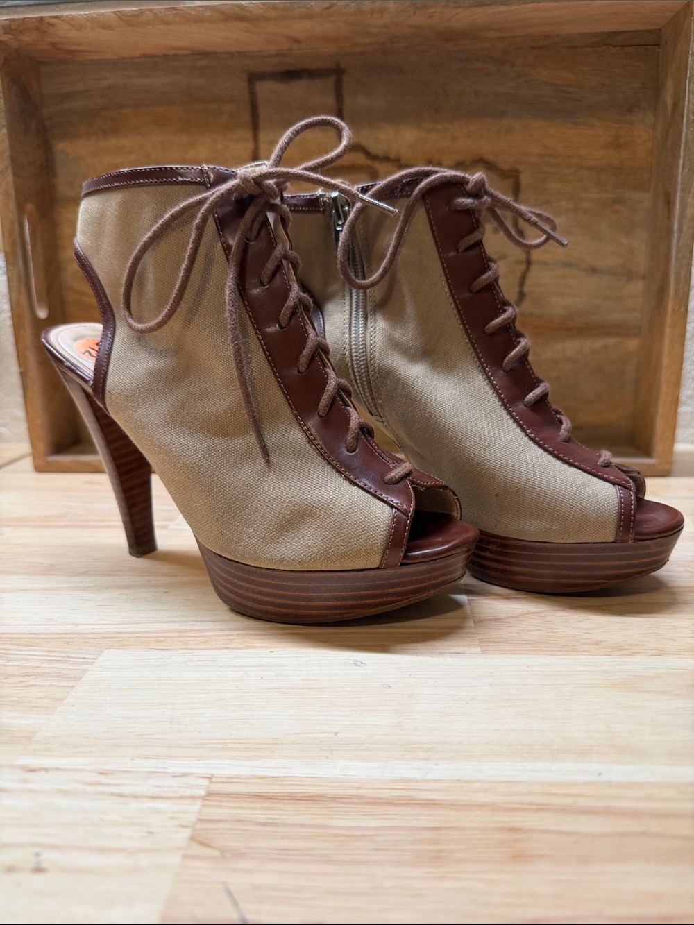 Vintage Marc Fisher Beige Canvas and Brown Vegan Leather Peep-Toe Lace-Up Heels